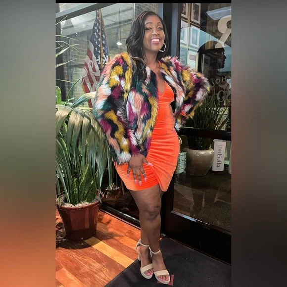 Multicolor Faux Fur Coat Long Sleeve Open Front Luxury Colorful Fuzzy Jacket - Picture 8 of 13